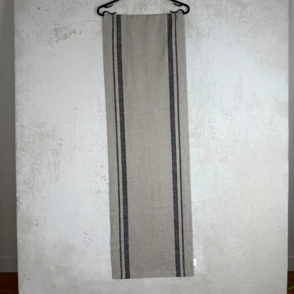 Solino Home 100% Linen Table Runner Grain Sack Stripe Oatmeal Black 14x92